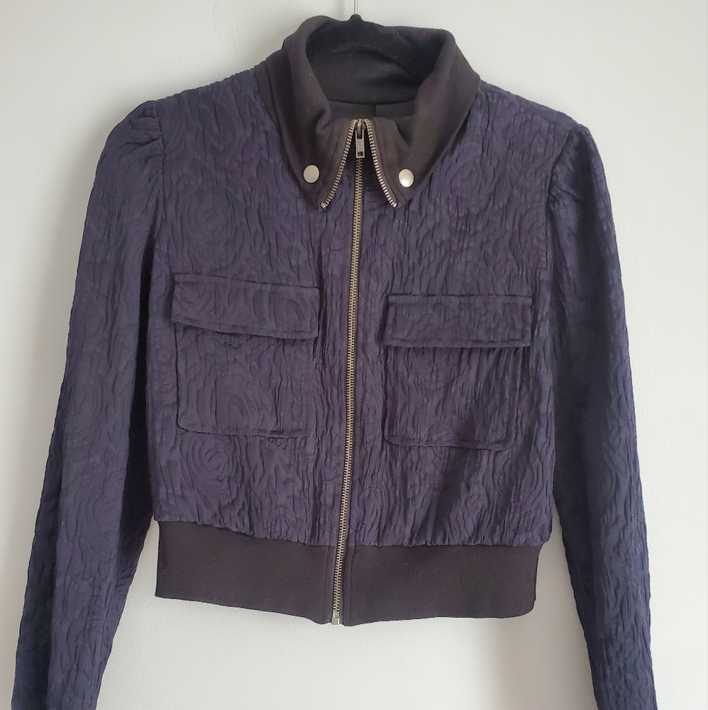 BCBG Generation Jacket Navy Rose Pattern Textured Zip Front size S